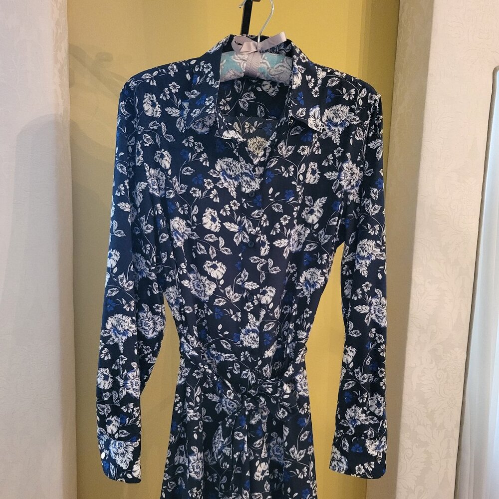 Ralph Lauren Navy Blue Floral Print Long-Sleeves Shirt Dress
